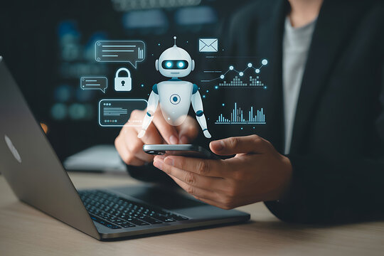 Person interacting with a futuristic ai chatbot on a smartphone with laptop and data visualization - Powered by Adobe