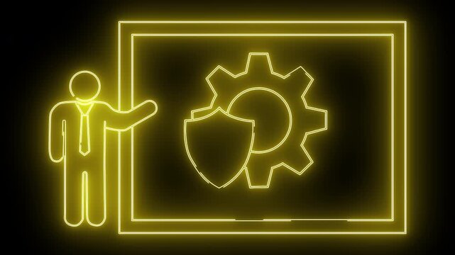 Yellow neon image of a man rectangle gear  shield