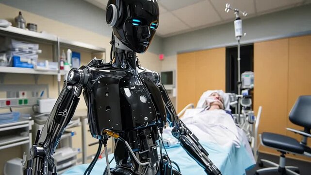 An exposed-chassis bipedal robot walks through a modern laboratory hallway, showcasing advancements in robotic mobility.