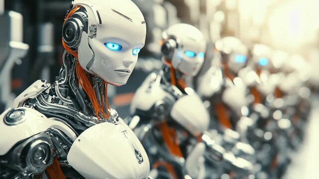 large group of identical white humanoid robots stands assembled in a factory, symbolizing mass production and automation