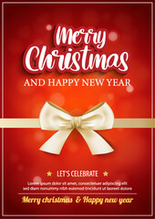 Merry christmas and happy new year greeting card with golden ribbon on red background.