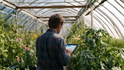Medium shot of a technician interacting with a weather app interface on a tablet adjusting settings for grovespecific weather alerts and data analysis.