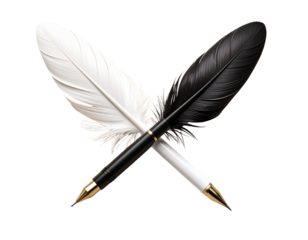 Two crossed quill pens one white and one black on a dark background