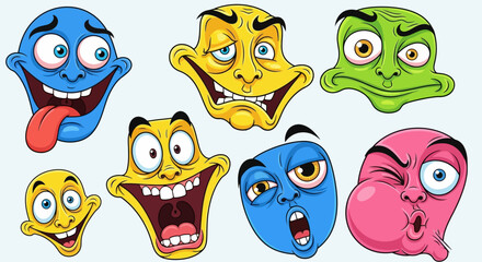 Fototapeta premium Vector illustration of cartoon faces showing goofy, weird, and exaggerated emotions in bright colors.