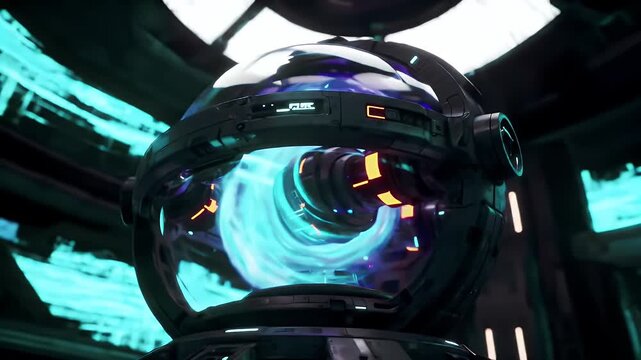 Futuristic blue energy core with swirling vortex in dark industrial laboratory