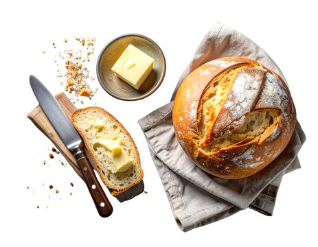 Freshly baked sourdough bread with butter and knife overhead shot