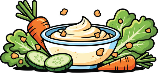 Creamy Dip Surrounded By Fresh Vegetables And Croutons In A Cartoon Style With A White Background