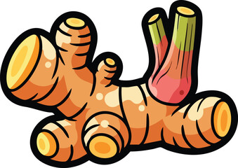 Cartoon Style Ginger Root with Green Sprouts Isolated on White Background