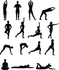 Yoga pose silhouette set, body posture illustration, fitness exercise chart, meditation and stretching guide, wellness activity reference, black vector design