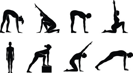 Yoga pose silhouette set, stretching exercise collection, black vector shapes, wellness movement icons, plank lunge bend, fitness posture illustration pack