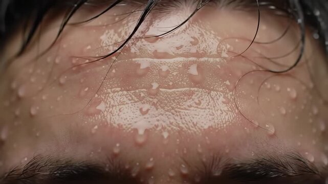 Close-up sweaty face with water droplets, showing exertion, likely fitness, exercise, or heat