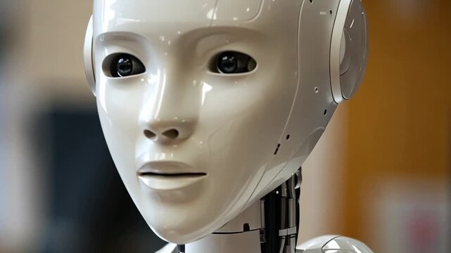 extreme close-up of a minimalist, eerie white android face, representing the uncanny valley and soulless AI.