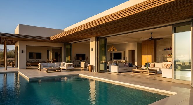 Luxury Modern Villa with Infinity Pool and Open-Concept Living Area.