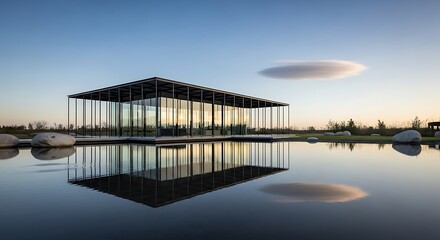 Obraz premium Modern Glass Building Reflecting in Water at Sunset.