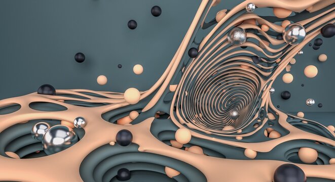 Futuristic abstract 3D composition with metallic and matte spheres floating through organic tunnel structure modern digital art and design background concept. - Powered by Adobe