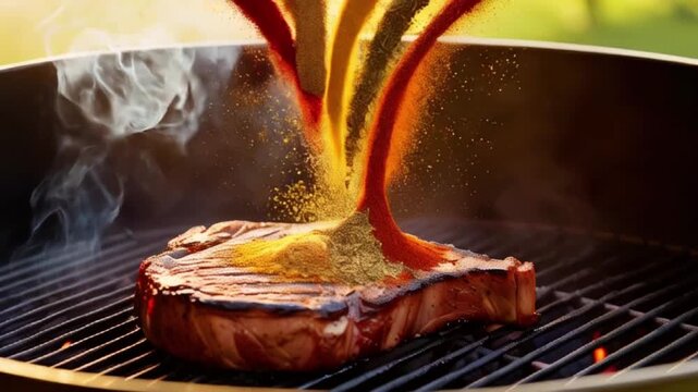 A dramatic close-up shot of a medley of aromatic spices, including paprika, garlic powder, and thyme, cascading down onto a succulent, grilled ribeye steak, sizzling created with generative ai	
