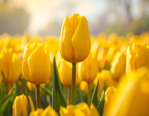 Obraz premium Close-up of a field of vibrant yellow flowers illuminated by sunlight, creating a warm and cheerful aesthetic