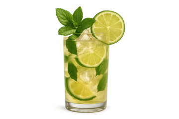 Fototapeta premium Refreshing mojito cocktail with lime slices and mint on transparent background