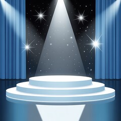 A stage with blue curtains and a spotlight shining down