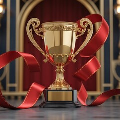 Golden trophy with red ribbon on a stage setting