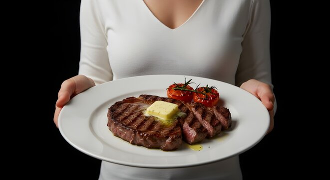 Woman presenting grilled steak with tomatoes and butter on a white plate - Powered by Adobe