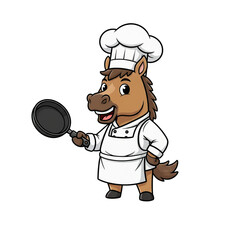 a cartoon anthropomorphic horse chef, holding a frying pan, wearing a white chef's hat and uniform, standing in front of a black cooking pot, 4k, highly detailed, trending on artstation