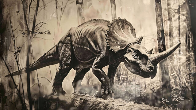 Realistic triceratops dinosaur in a prehistoric forest, detailed 3D rendering with dramatic lighting and ancient atmosphere.