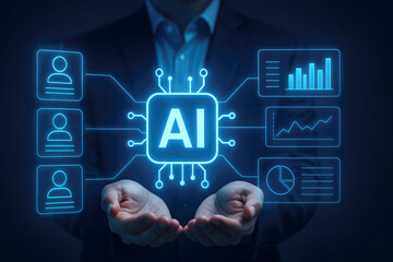 Businessman holding AI chip with glowing icons of people and data charts artificial intelligence technology