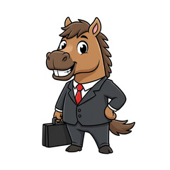A cartoon character, a horse wearing a suit and tie, holding a briefcase, standing upright, highly detailed, realistic, cinematic lighting, 8k resolution, 3d render