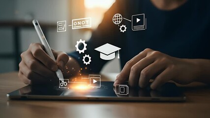 Young person using digital tablet with floating educational and technology icons in modern workspace - Powered by Adobe