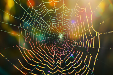 Morning sunlight shining through rain-drenched spider web, creating prism effect