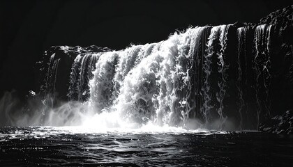 A dramatic black-and-white image showcasing a waterfall plunging into a dark pool below. The light highlights the rushing water
