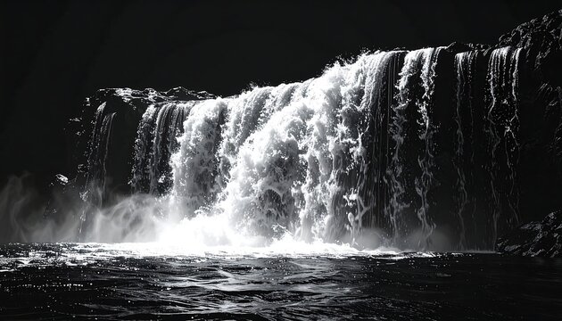 A dramatic black-and-white image showcasing a waterfall plunging into a dark pool below. The light highlights the rushing water