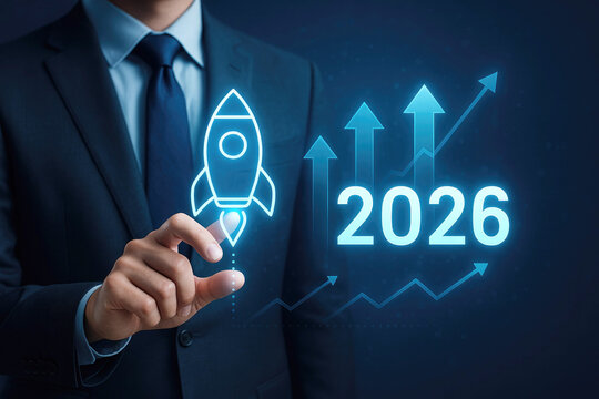 Businessman Points to Holographic Rocket Launch and Year 2026 Growth Arrows startup