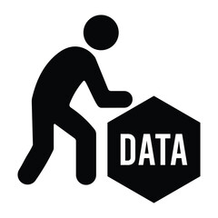 Data Handling Icon Vector | Person Moving Hexagonal Block with DATA Text Symbolizing Big Data Management and Processing