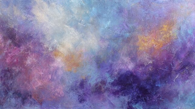 Abstract textured painting in soft blue, purple and gold tones with dreamy cloud-like patterns and ethereal artistic background design