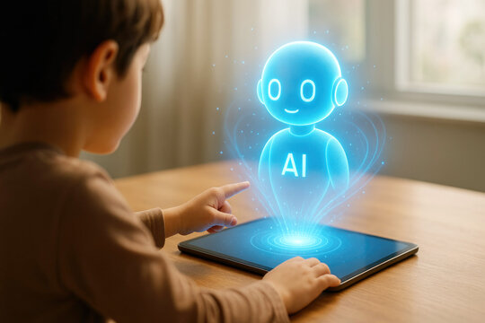 Child's hand touching a tablet displaying a glowing AI robot hologram finger