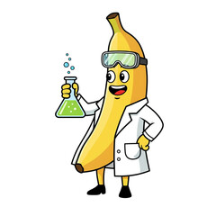 cartoon banana wearing a lab coat holding a beaker,