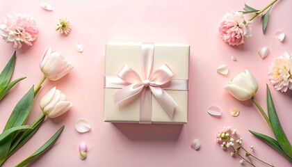 Elegant gift box with a pink ribbon surrounded by delicate fresh flowers and petals on a soft pastel background, perfect for expressing love and festive occasions