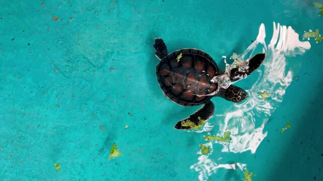 Baby turtle in the turtle sanctuary, turtle feeding in West Sumatra Indonesia