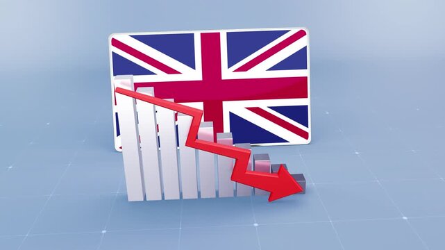 United Kingdom Flag and Bar Chart Graph Showing Decreasing Values a Red Arrow Economic Crisis Concept