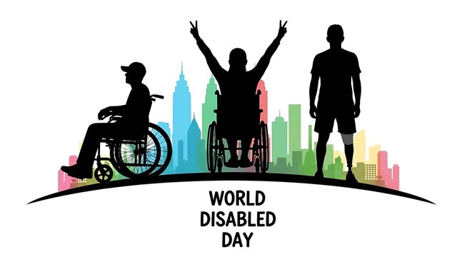 Silhouettes of diverse people with disabilities, including wheelchair users and an amputee, celebrating in front of a colorful city skyline