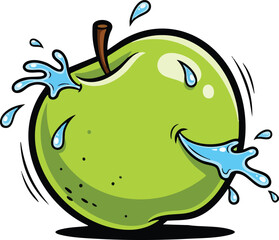 Juicy Green Apple Splashing Water Vibrant Cartoon Style