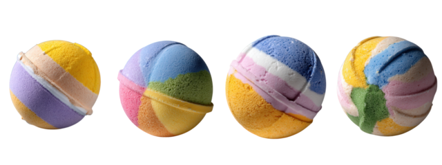 Vibrant, colorful fizzy bath treats, beautifully arranged for a luxurious and aromatic spa experience, promoting soothing relaxation and mindful self-care