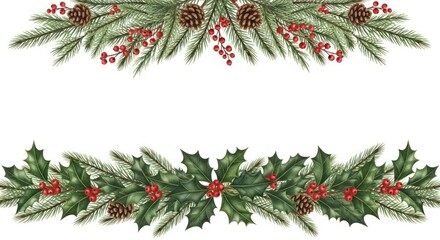 Festive christmas garland with pine needles holly and red berries featuring intricate textures natural green and red colors perfect for holiday decor