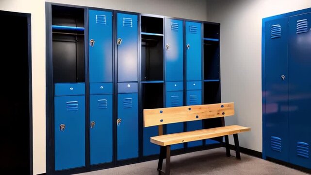 Blue metal storage lockers with an accompanying wooden bench are situated in a locker area, with various doors created with generative ai	
