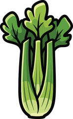 Single Fresh Green Celery Stalk With Leafy Tops Against White Background Cartoon Style