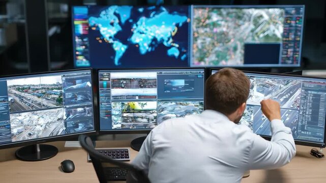 Medium shot of a call center professional monitoring multiple screens to ensure robust firewall protection against cyber threats and unauthorized access.