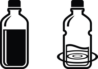 Black and white vector illustration of glass bottles with liquid levels, empty and full water bottle icons, minimalist drink container design, outline style
