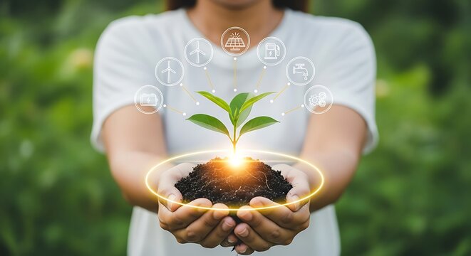 Concept of environmental sustainability and green growth, with a seedling sprouting in cupped hands surrounded by eco-icons